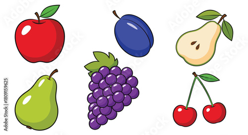 A colorful assortment of common fresh fruits including apples, pears, grapes, plums, and cherries on a white background.