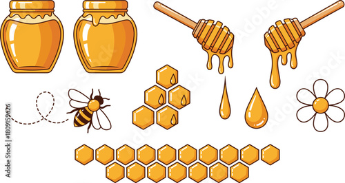 Cute Honey Elements Set with Jars, Dippers, Bee, Honeycomb, and Dripping Liquid for Natural Food Vector.