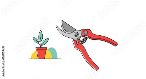 A simple illustration featuring a potted green plant next to red gardening shears, symbolizing plant care, growth, and horticulture activities.