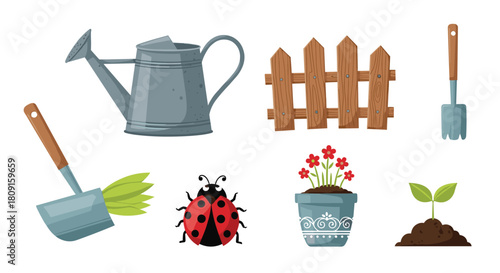 A collection of various gardening tools, equipment, plants, and a friendly ladybug against a white background.