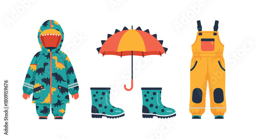 Children's colorful rain gear collection featuring a fun dinosaur-themed raincoat, yellow overalls, an umbrella, and rubber boots for wet weather protection.