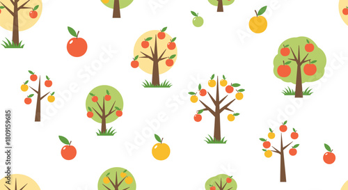 Seamless pattern of cute cartoon apple trees with red and yellow apples, perfect for food-related designs or children's textiles.