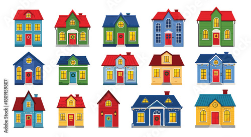 A vibrant collection of fifteen charming cartoon houses, each uniquely designed with colorful facades, roofs, and festive decorations, ideal for a cheerful holiday or winter season theme.
