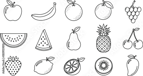 Collection of hand drawn fruit icons black and white