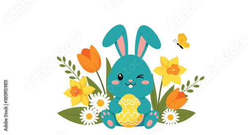 Cute winking Easter bunny holding a decorated egg amidst vibrant spring flowers, accompanied by a cheerful butterfly, perfect for festive seasonal greetings.