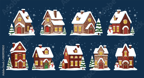 Charming illustration of a snowy winter village featuring festive houses, evergreen trees, and cheerful snowmen under falling snowflakes at night.