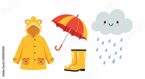 Adorable illustration of rainy day essentials featuring a yellow bear raincoat, matching boots, a colorful umbrella, and a cheerful cloud with raindrops.