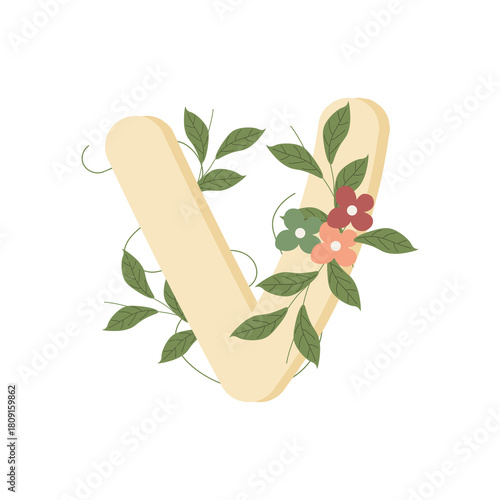 Illustration of the letter V in flat style, decorated with colorful flowers and green leaves, creating a delicate and botanical look. Ideal for monograms, invitations, and personalized stationery.