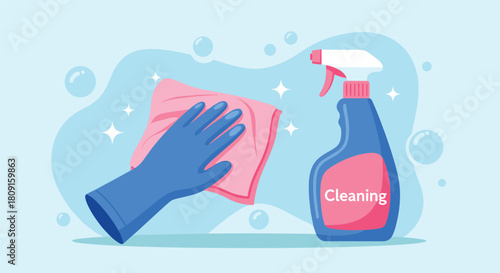 A gloved hand holds a pink cleaning cloth next to a spray bottle, symbolizing sparkling hygiene and effective household chores.