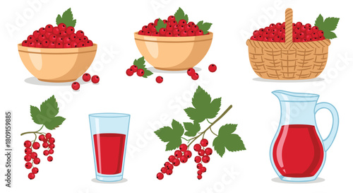 Fresh red currants in bowls and baskets, on branches, and as refreshing juice in a glass and pitcher.