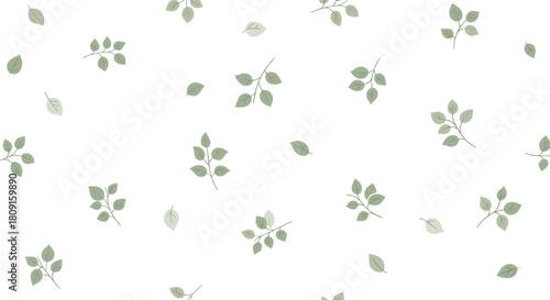 Delicate seamless pattern featuring scattered light green leaves and small branches on a clean white background.