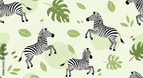 Lively zebras prancing and rearing amidst lush green tropical leaves in a charming seamless pattern on a pale green background.