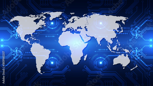 Blue World Map Digital Technology Background: Global Communication Network and Circuit Board