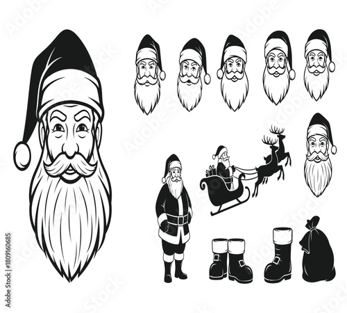 Set of hand drawn santa claus illustrations isolated on white background collection of christmas design elements vector illustration for greeting card, poster, banner