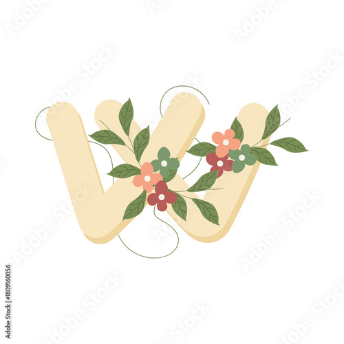 Illustration of the letter W in flat style, decorated with colorful flowers and green leaves, creating a delicate and botanical look. Ideal for monograms, invitations, and personalized stationery.