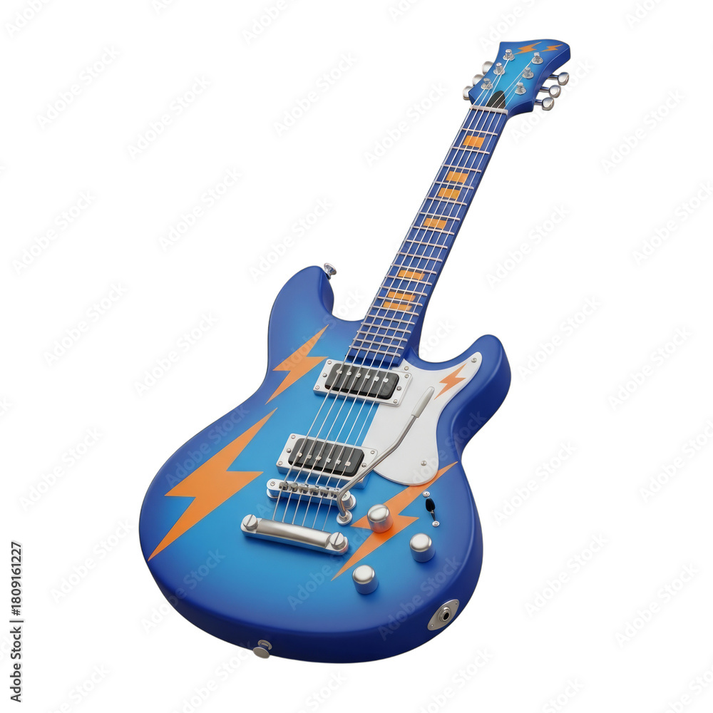 Obraz premium Watercolor Blue electric guitar with orange lightning bolts isolated on a transparent background