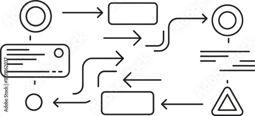 Abstract flowchart illustration, depicting a complex process with interconnected circles, rectangles, triangles, and directional arrows