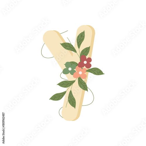 Illustration of the letter Y in flat style, decorated with colorful flowers and green leaves, creating a delicate and botanical look. Ideal for monograms, invitations, and personalized stationery.