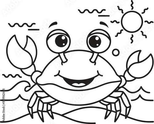 A delightful cartoon crab with a cheerful smile enjoys a sunny day at the beach, waves gently lapping as it scuttles along the sandy shore