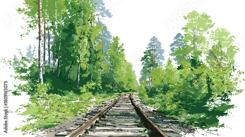 Scenic Railway Tracks in Forest Vector Art with Outline for Designs