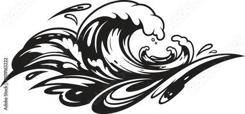Dramatic ocean wave illustration with splashes and curls, a powerful and dynamic vector design