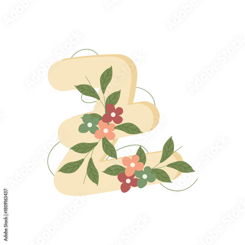 Illustration of the letter Z in flat style, decorated with colorful flowers and green leaves, creating a delicate and botanical look. Ideal for monograms, invitations, and personalized stationery.