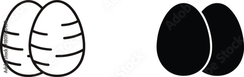 Minimalist Egg Icons Set Showing Two Eggs in Black Outline and Solid Silhouette Styles for Food and Farm Design Vector.