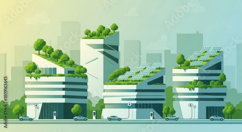 Modern city buildings designed with living roofs and photovoltaic panels