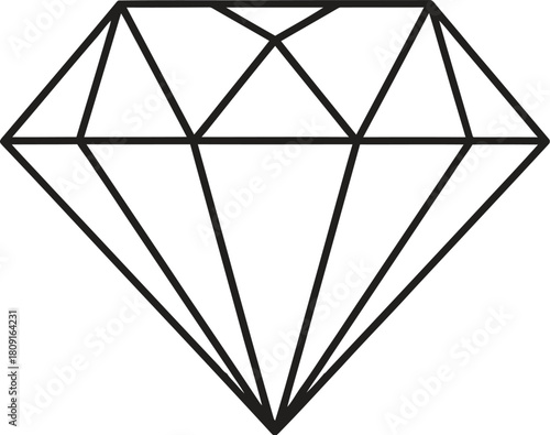 A simple line drawing of a diamond, the diamond is a classic shape with many facets and a pointed bottom