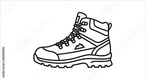 A simple line drawing of a hiking boot, the boot is a hightop style with laces and a thick sole