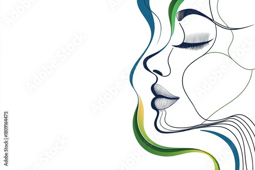 Abstract line art depicts a woman's face in profile with flowing colorful hair against a white background.