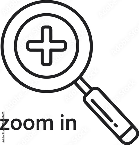 Zoom in icon, magnifying glass with plus sign, search and find symbol, increase and enlarge, focus and explore