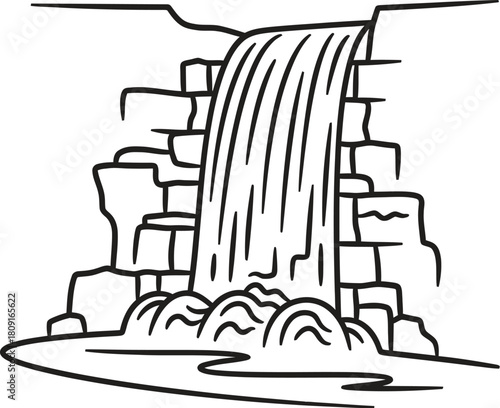 A serene waterfall cascades down a rocky cliff, its water flowing into a tranquil pool below, creating a peaceful and natural scene