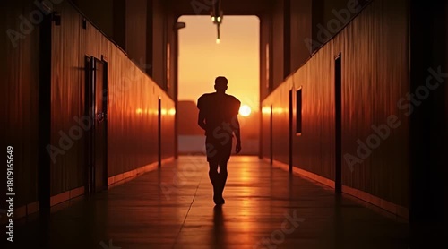 Silhouette of Athlete Walking Down Dramatic Corridor Towards Bright Sunset or Sunrise