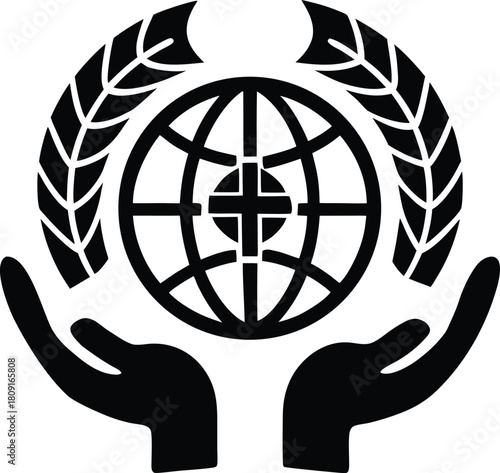 Global healthcare icon with hands and cross symbol
