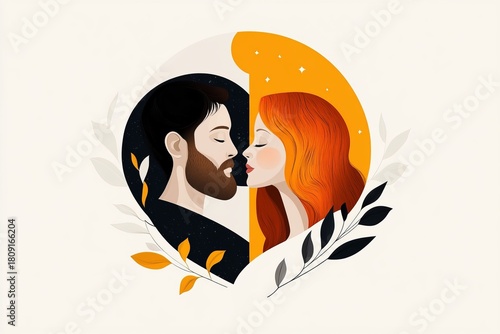 Bearded man and red haired woman face each other, appearing about to kiss with celestial and floral elements surrounding them.