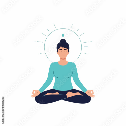 A serene woman practicing yoga and meditation in the lotus position with a radiant halo around her head.