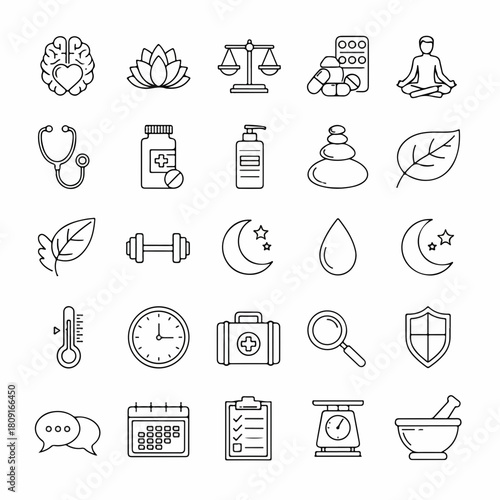 Set of 25 line icons related to wellness, wellbeing, mental health, healthcare, cosmetics, spa, medical. Outline icon collection. Editable stroke. Vector illustration