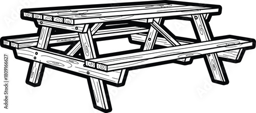 A picnic table with benches, it represents outdoor dining, gathering, relaxation, and leisure in a natural setting