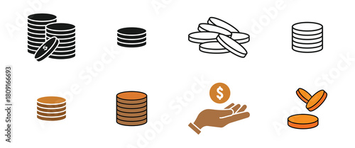 Dollar coin stacks financial business icons representing wealth growth and economy. Coins stack icons pack. Vector glyph flat icons