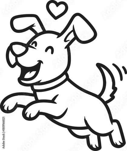 A cheerful puppy joyfully leaps with a heart floating above, its tail wagging with excitement, , creating a heartwarming and playful scene