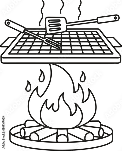 A detailed line art illustration of a barbecue grill with a spatula and fork over a blazing fire, , ideal for summer cookout designs