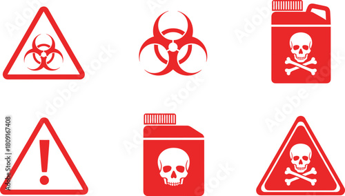 Red Hazard Warning Signs Set with Biohazard, Skull and Crossbones, and General Danger Symbols Vector.