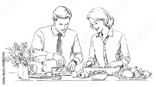 Vegetarian Couple Preparing Raw Food Together at Dining Table
