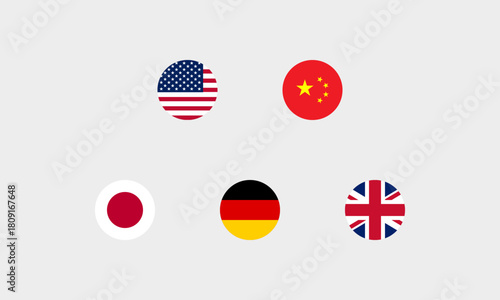 Flaggen der größten Volkswirtschaften als runde Icons – USA, China, Japan, Deutschland, Großbritannien (korrekte Farbdarstellung)