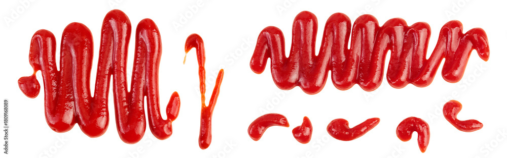Fototapeta premium Red tomato sauce or ketchup isolated on white background . Top view. Flat lay
