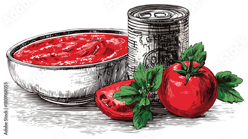 Vibrant Red Tomato Paste in Sauce Boat and Can Vector Illustration