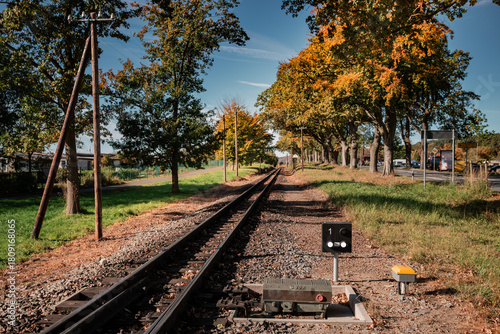 Perspective view of the narrow-gauge railway tracks leading into the distance, lined by trees with early autumn foliage under a dramatic blue sky with wispy clouds.