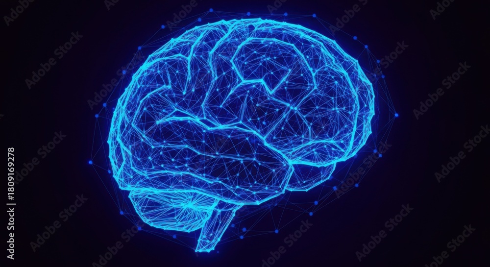Fototapeta premium Abstract Blue Polygonal Mesh Human Brain Digital Health Science