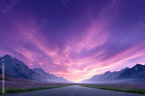 Endless Road to the Horizon: A breathtaking vista unfolds as a solitary road carves its way towards the majestic mountains under a dramatic sky painted with vibrant hues.